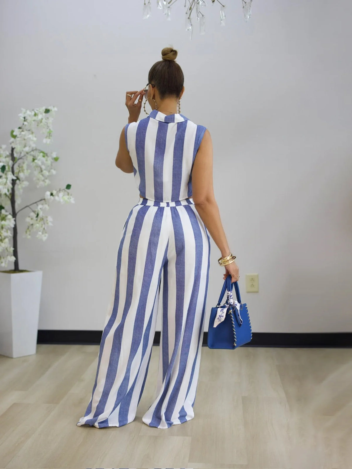 Striped Crop Top and Wide Leg Pants Two Piece Set for Women