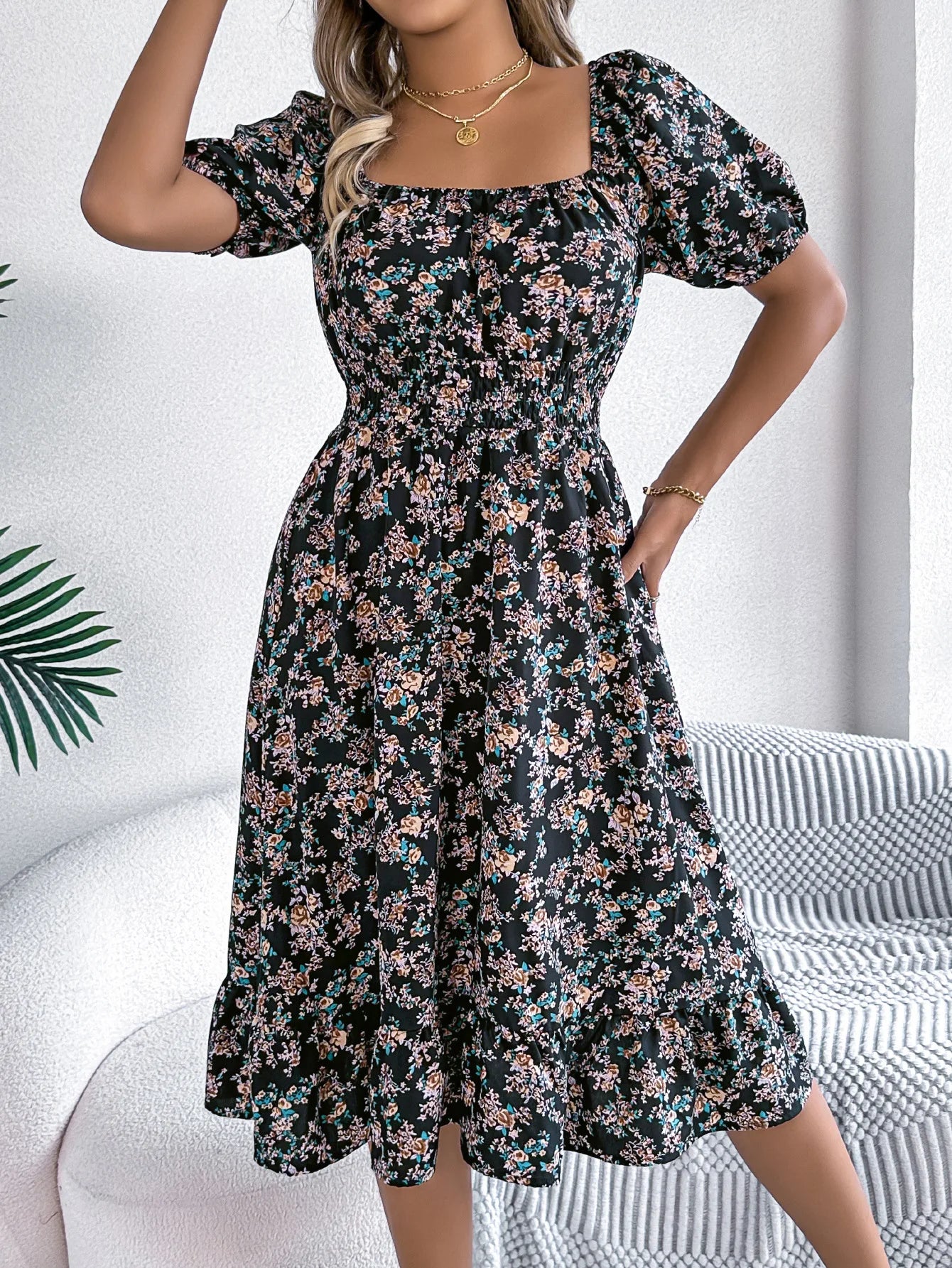 Floral Square Neck Short Sleeve High Waist Swing Dress for Women