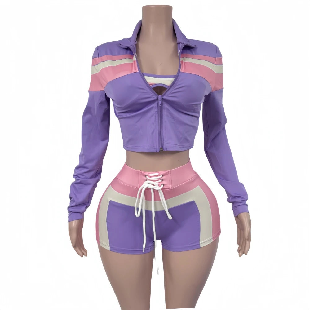 FAGADOER Sexy Sport 3 Pieces Set for Woman Color Block Long Sleeves Jacket + Tanks Top and Shorts Matching Female Beach Swimsuit
