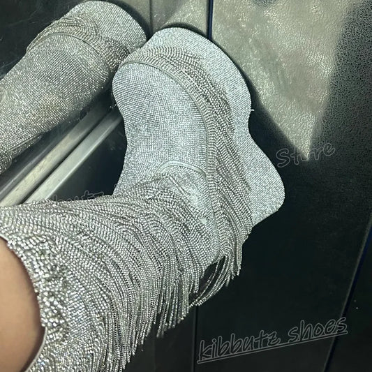 Bling Knee High Boots Platform Glossy Round Toe Thick Bottom Zipper Fashion Luxury Elegant Concise Sexy Novelty Women Shoes New