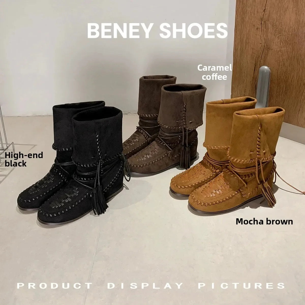 Fringe Woven Suede Mid Calf Boots With Fold Over Cuff For Women
