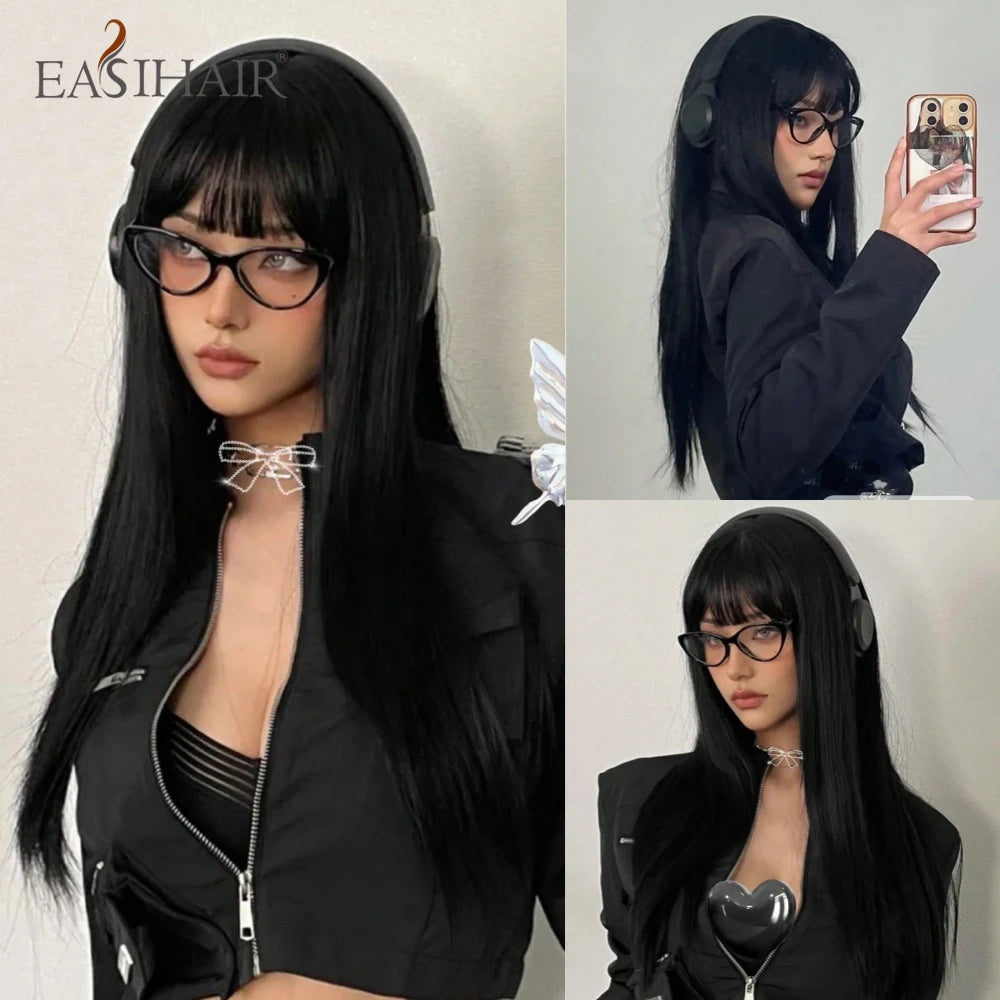 Long Straight Black Synthetic Wig With Bangs for Women