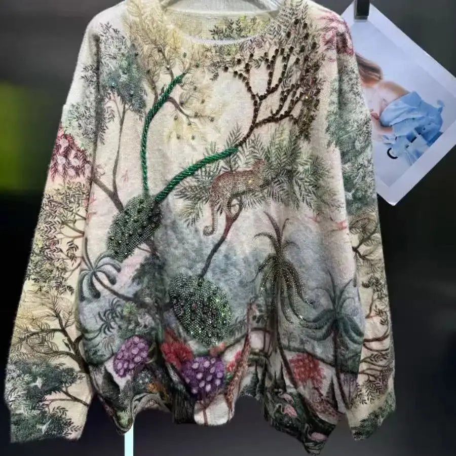 Crystal Embroidered Cozy Loose Knit Sweater for Women