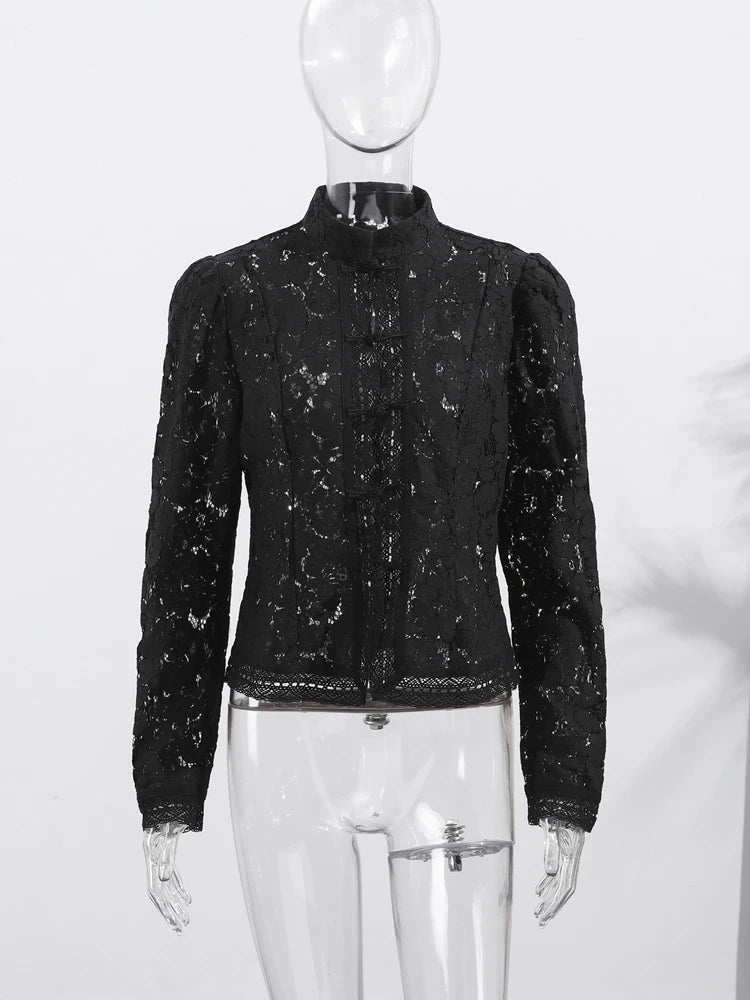 Elegant Embroidered Puff Sleeve Hollow Out Lace Blouse for Women