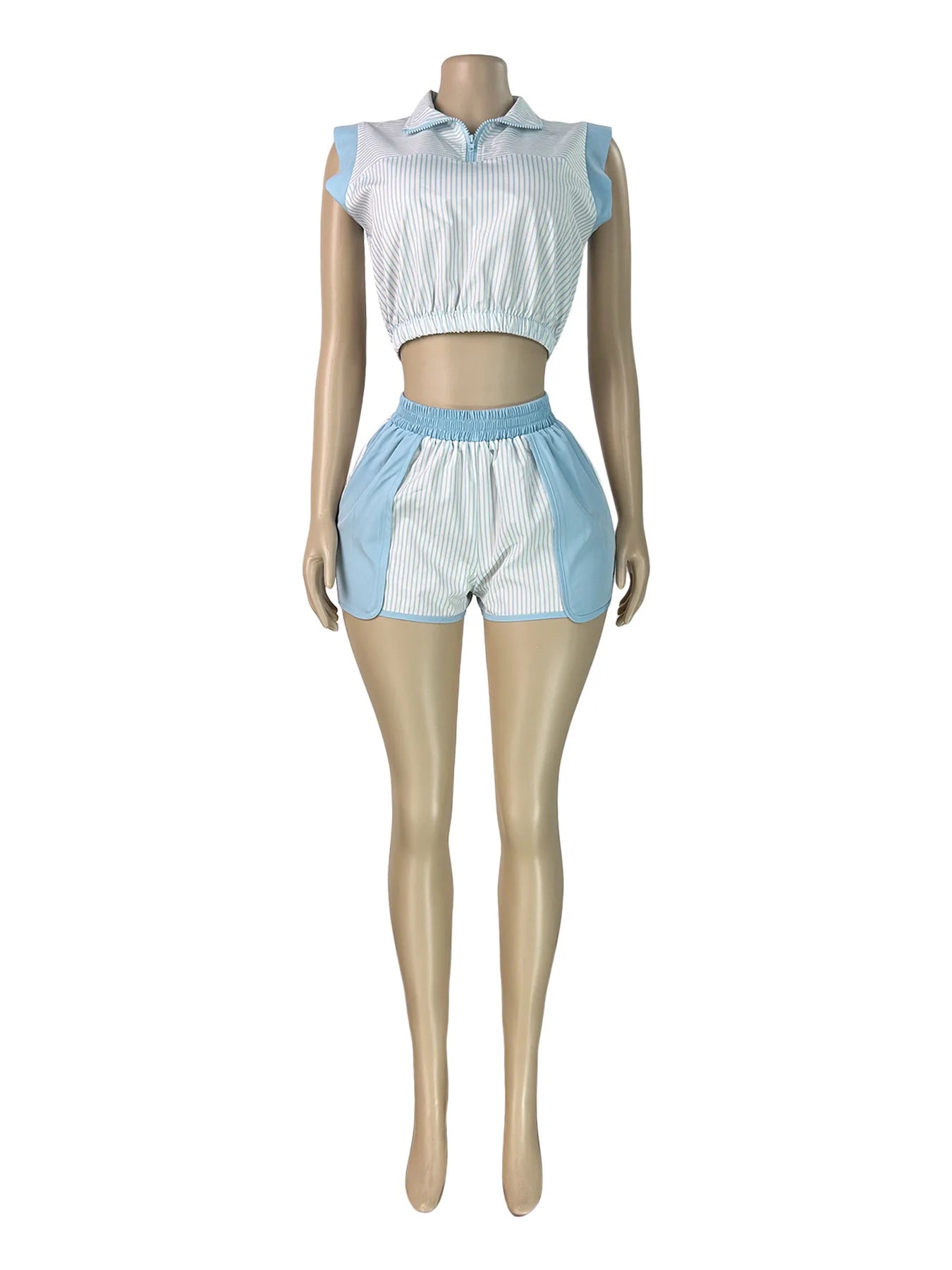 Striped Patchwork Crop Top and Shorts Set for Women