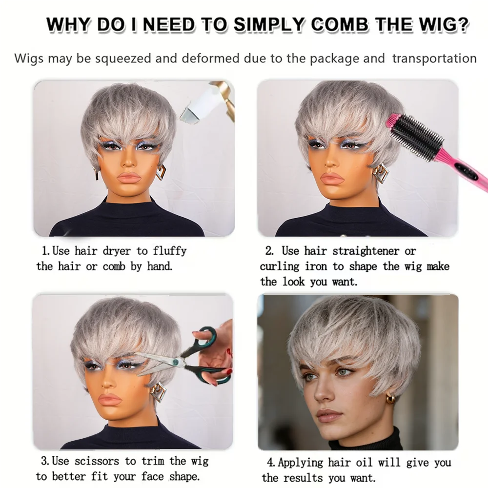 Grey Pixie Cut Human Hair Wig With Bangs For Women