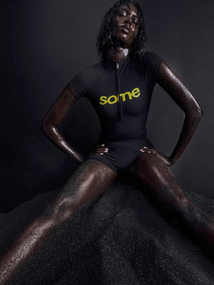 Cutenew Letter Print Sporty Women 2 Piece Set Summer Casual Short Sleeve Zip Up Tees+Solid Slim Shorts Female Daily Tracksuits