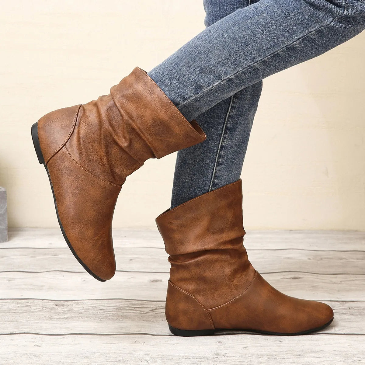 Modern Pleated Leather Square Heel Boots For Women