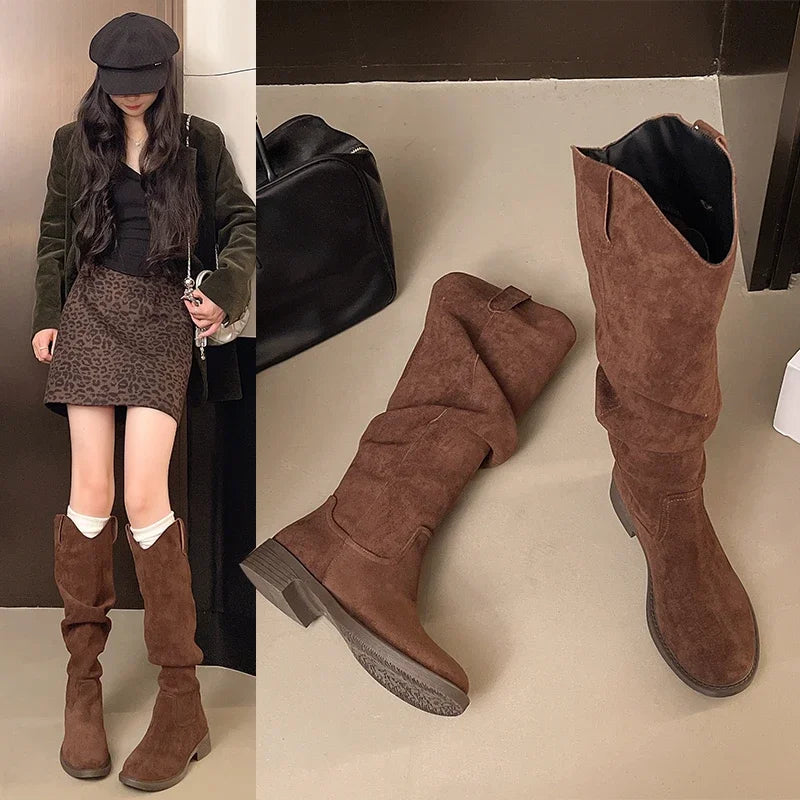 Elegant Low Heel Side Suede Knee High Boots for Women