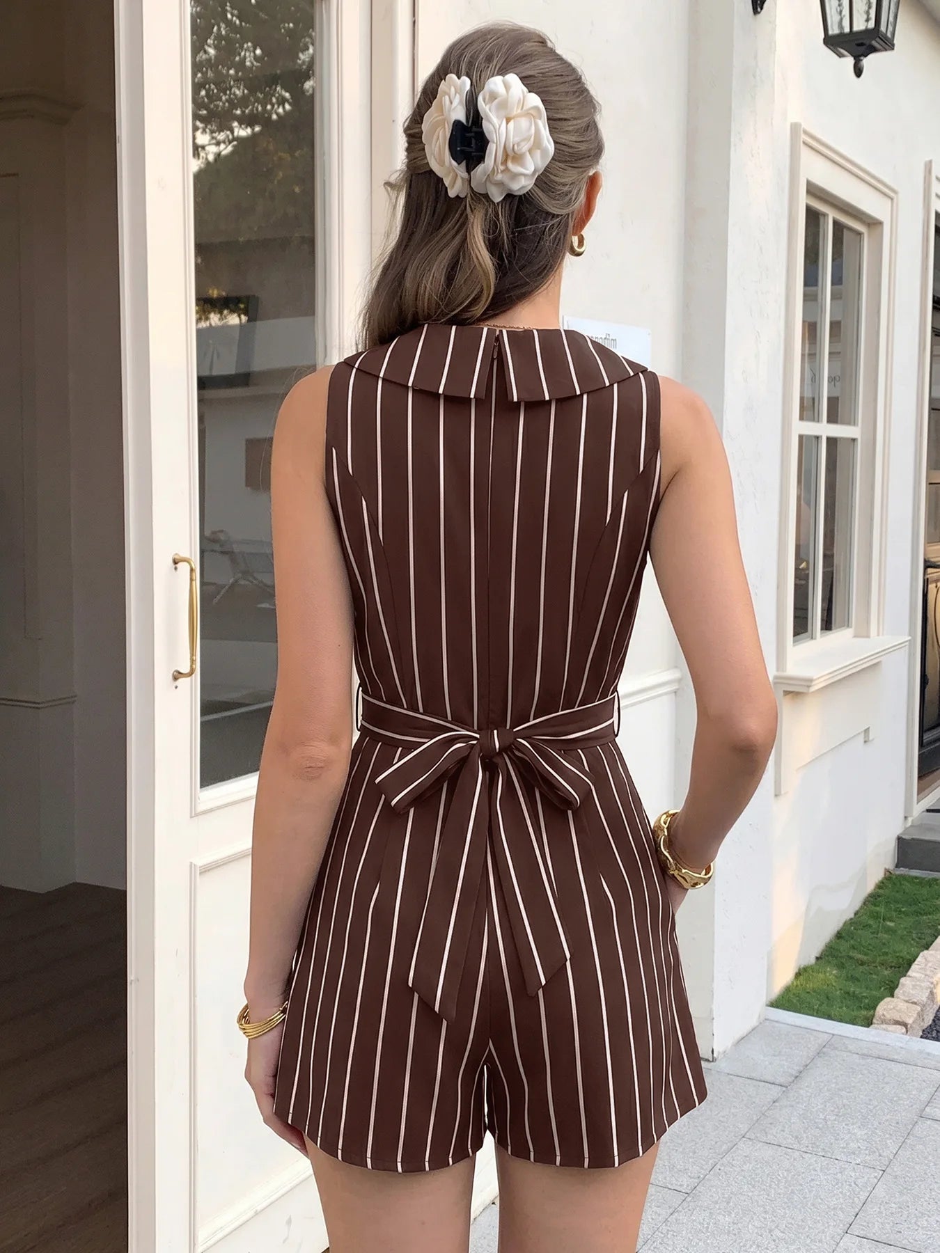 Striped Sleeveless Lapel V Neck High Waist Romper Shorts for Women