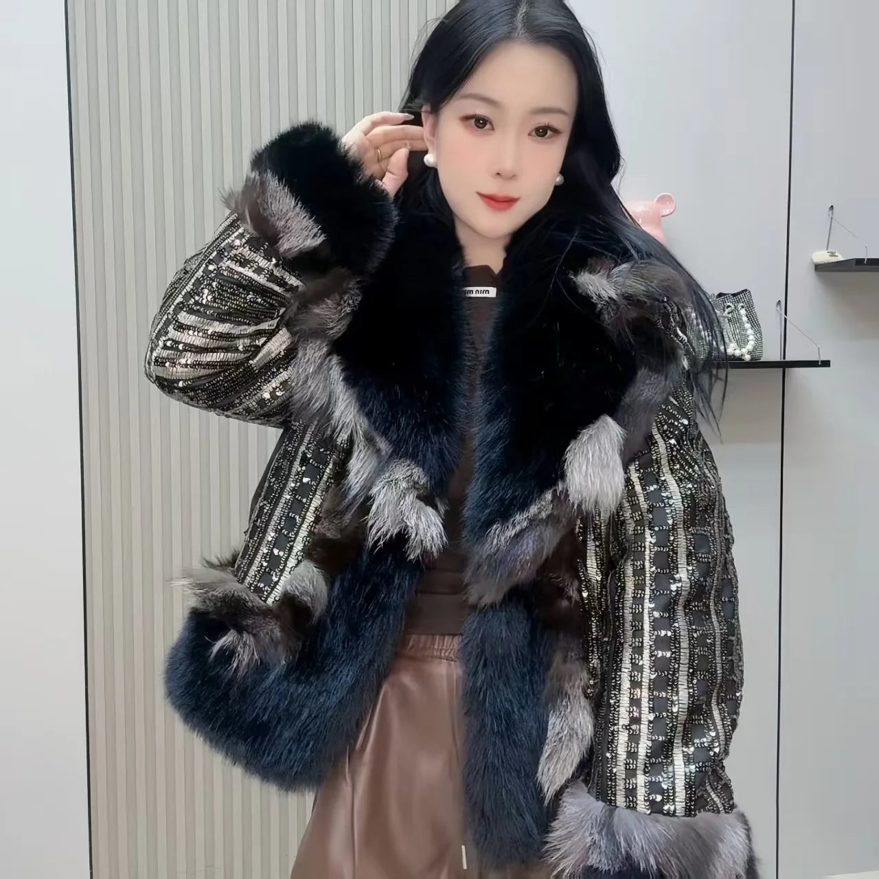 Faux Fur Coats for Women,Covered ButtonJacket,Thicken Warm Female Clothes,Luxury,Fox Fur Collar,Spliced,Sequins,New, Winter