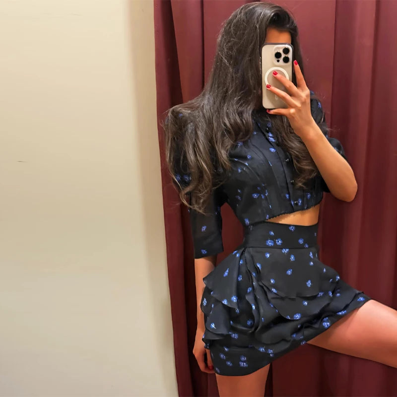 Floral Print Puff Sleeve Chiffon Pleated Two Piece Skirt Set For Women