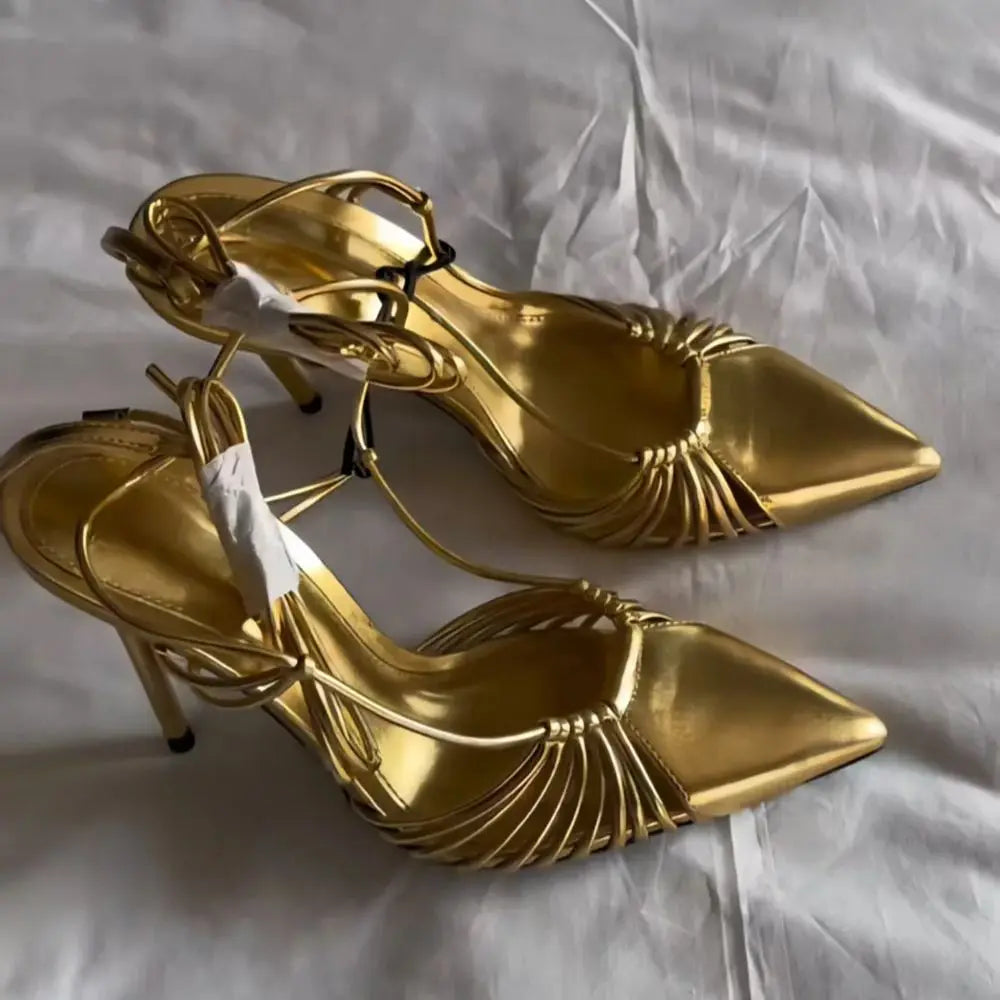 Gold Pointed Toe Ankle Strap Sandals