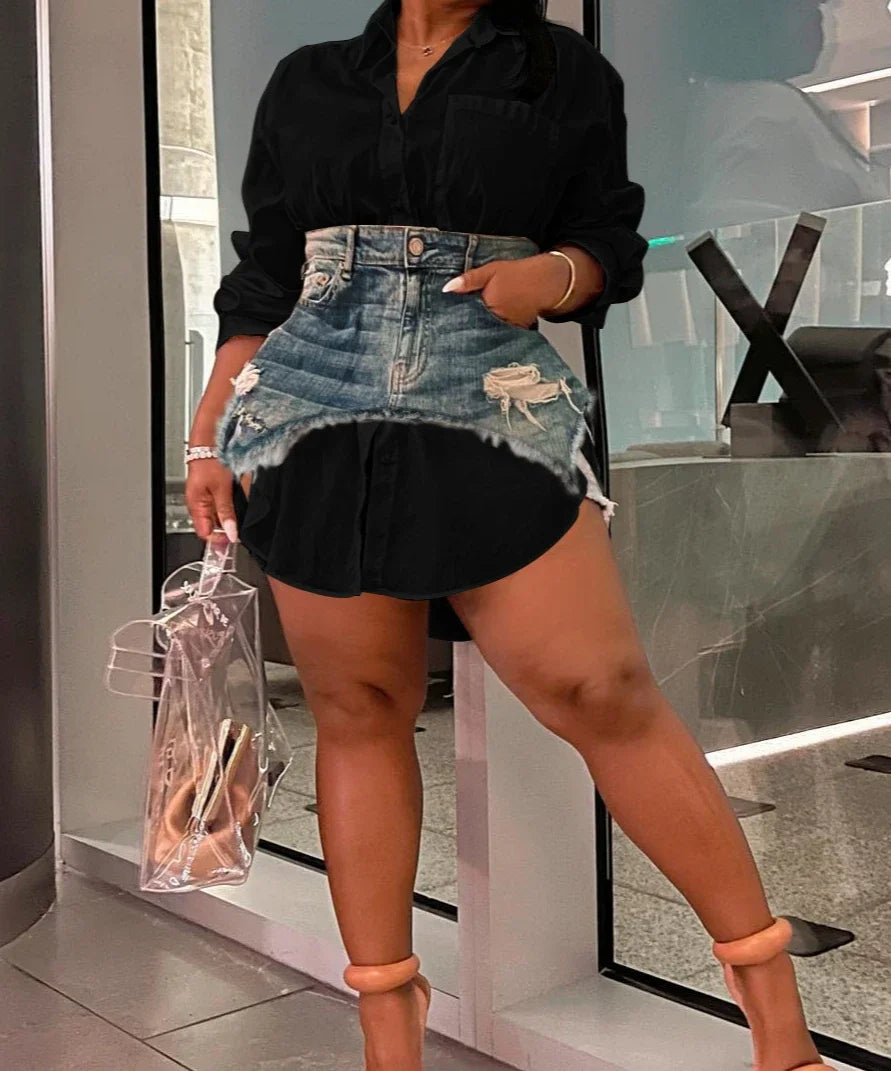 Denim Skirt Set Women Streetwear Fashion Long Sleeve Shirt Turn Down Collar Asymmetric Dress Casual Slim Dresses 2025 Spring