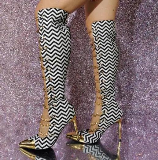 Zebra Print Pointed Toe Chain Strap Knee High Boots for Women