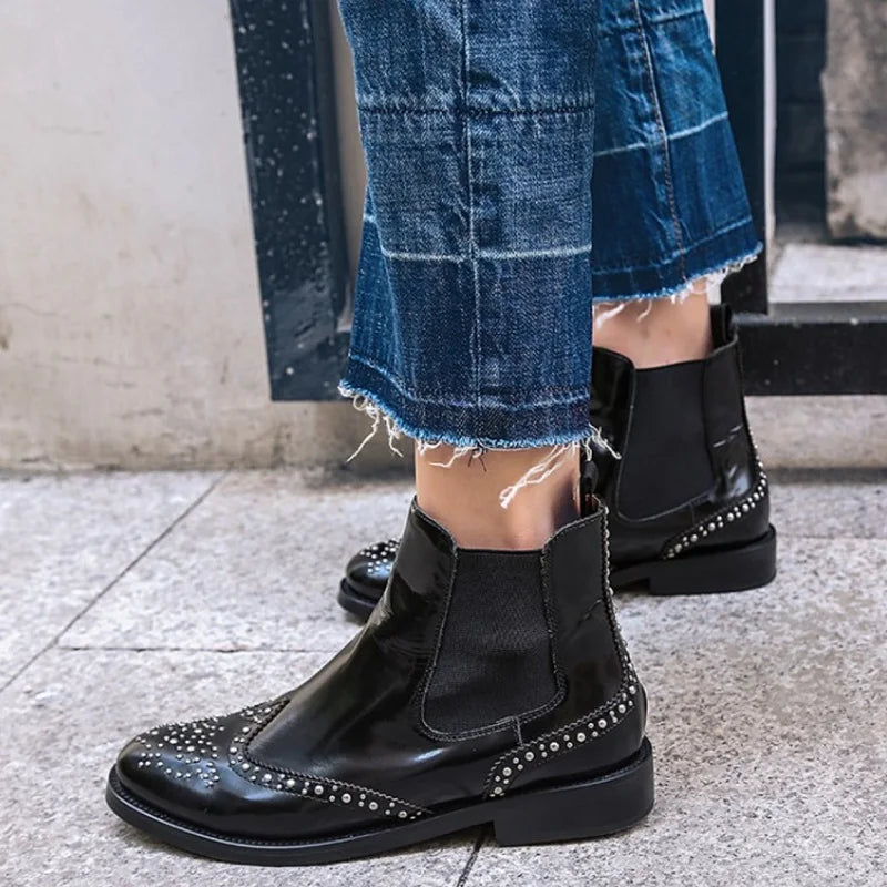 Rivet Patent Leather Slip On Ankle Boots for Women