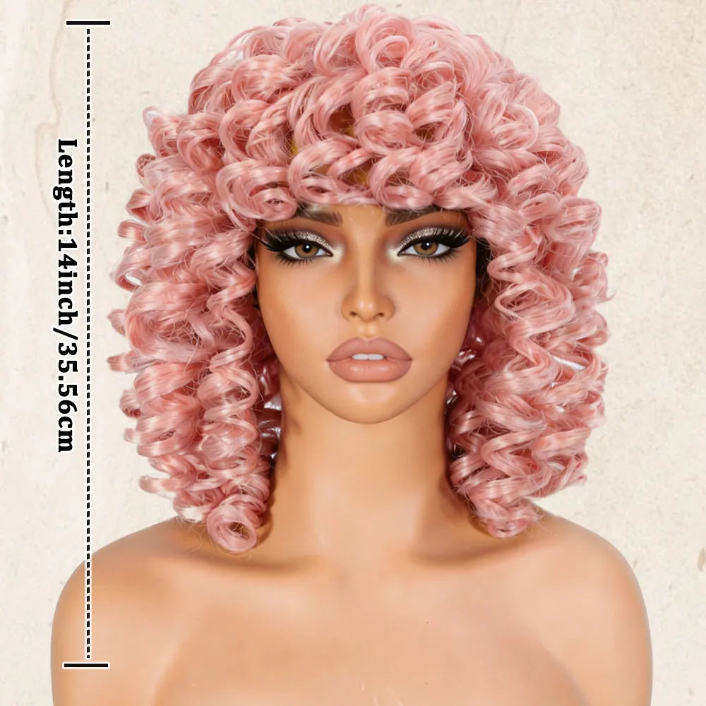 Soft Pink Short Afro Curly Bangs Synthetic Wig for Women