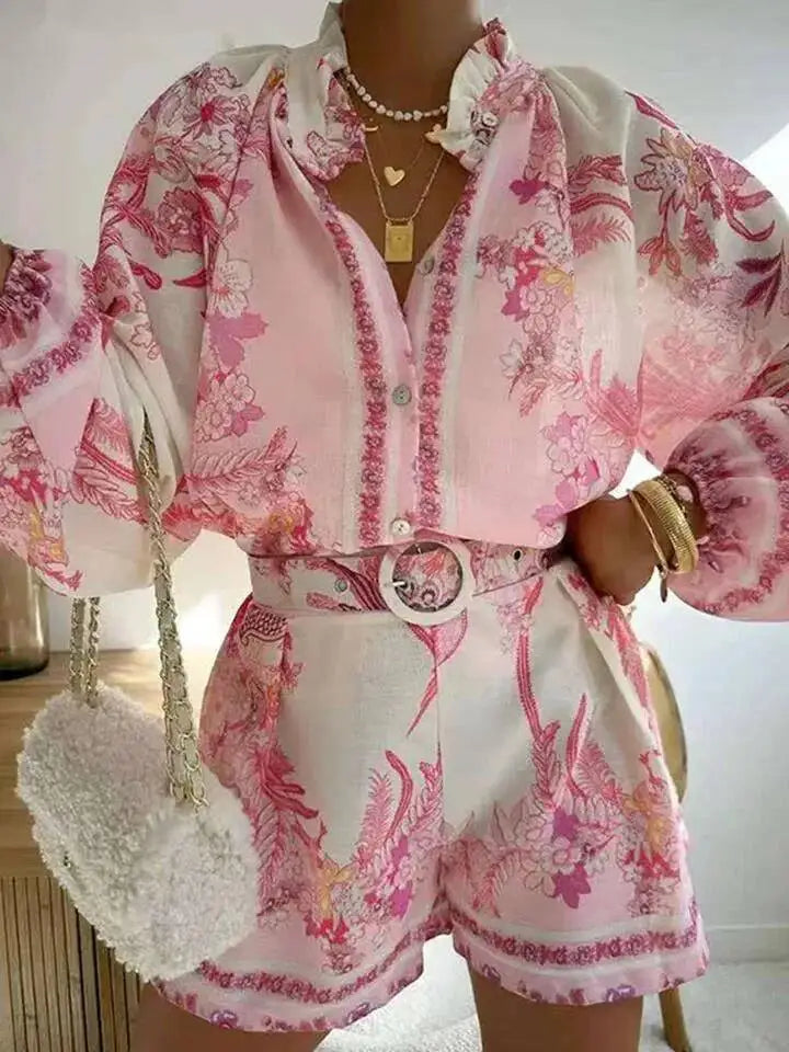 Casual Print Relaxed Fit Top and Shorts Set for Women