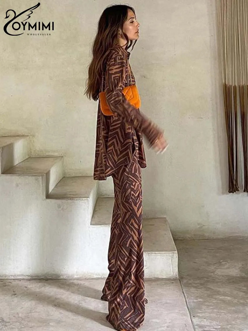 Oymimi Casual Brown Print Sets Womens 2 Piece Elegant Long Sleeve Button Side Slit Shirts And High Waisted Straight Trousers Set