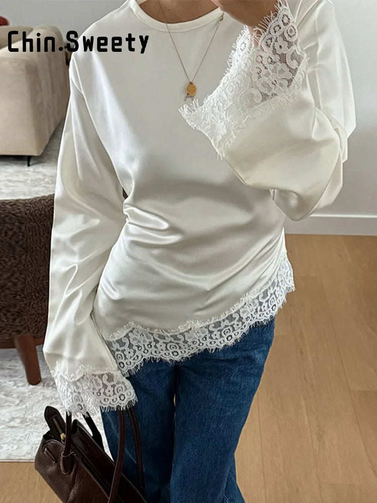 Asymmetric Lace Patchwork Loose Long Sleeve Shirt for Women
