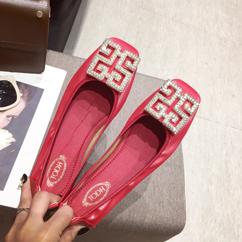 Rhinestone Buckle Square Toe Slip On Flats for Women