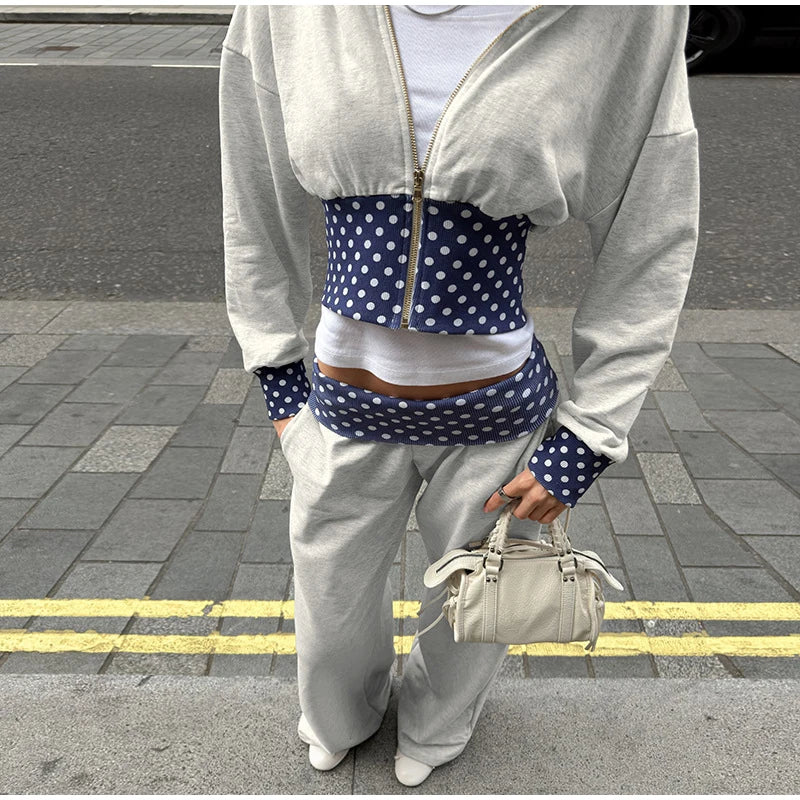 Polka Dot Hooded Zipper Crop Top And Wide Leg Pants For Women