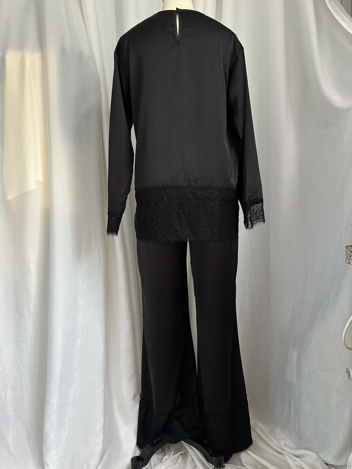 Elegant Lace Satin Wide Leg Pants Two Piece Set for Women