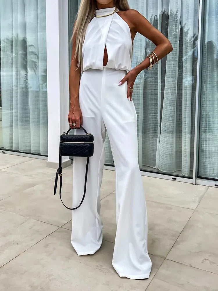 New Sleeveless Wide Leg Pants Playsuits, Women Summer Half High Collar Elegant Jumpsuits, Solid Patchwork Simple Ladies Bodysuit