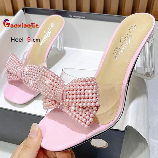 Pink Pearl Bow Crystal High Heels