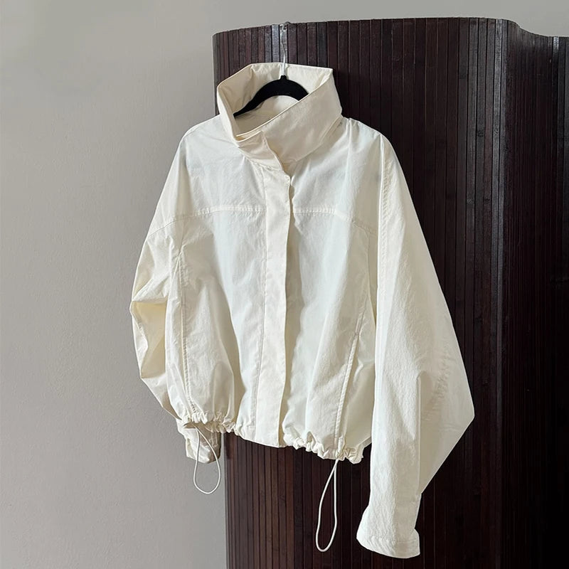 Lightweight Stand Collar Zippered Bomber Jacket For Women