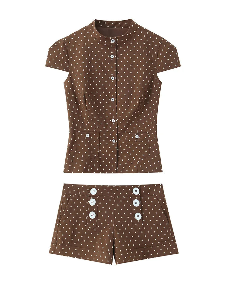 Elegant Polka Dot Button T Shirt and Shorts Set for Women
