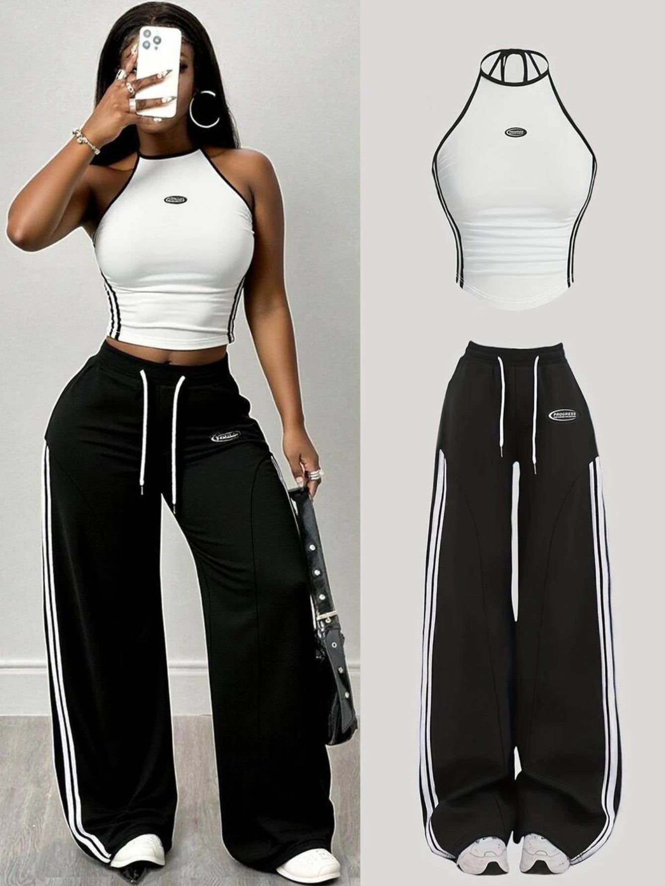Women Halter Striped Crop Top And Drawstring Wide Leg Pants For Sporty Streetwear Gym And Daily Casual Occasion