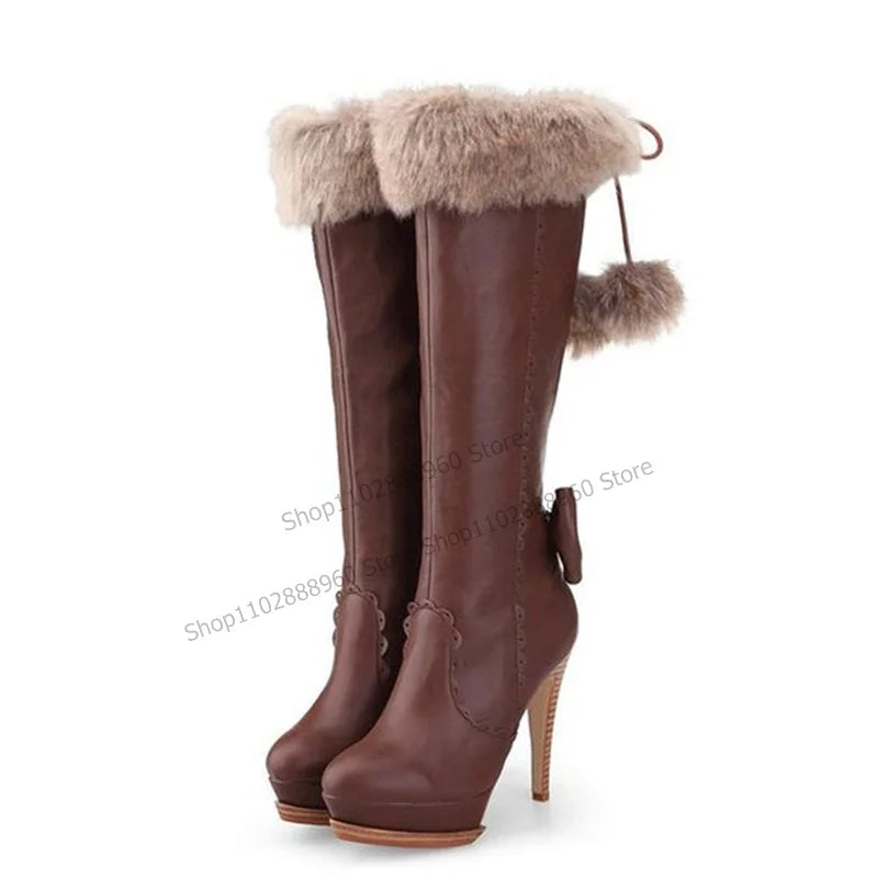 Slip On Brown Pointed Toe Platform Fur Bow Knee High Boots for Women