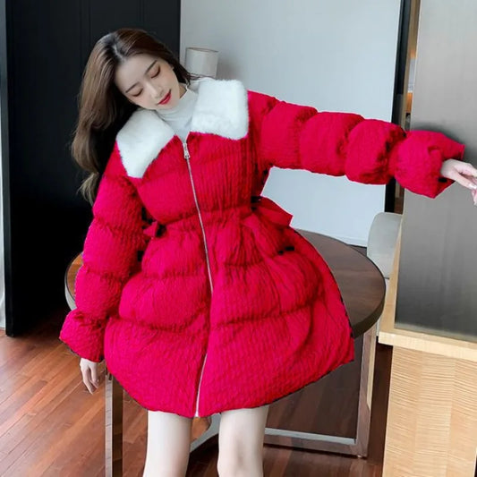 Women Cotton Padded Jacket Coat Female Winter Student Clothing Big Fur Collar Fashionable Medium To Long Parkas