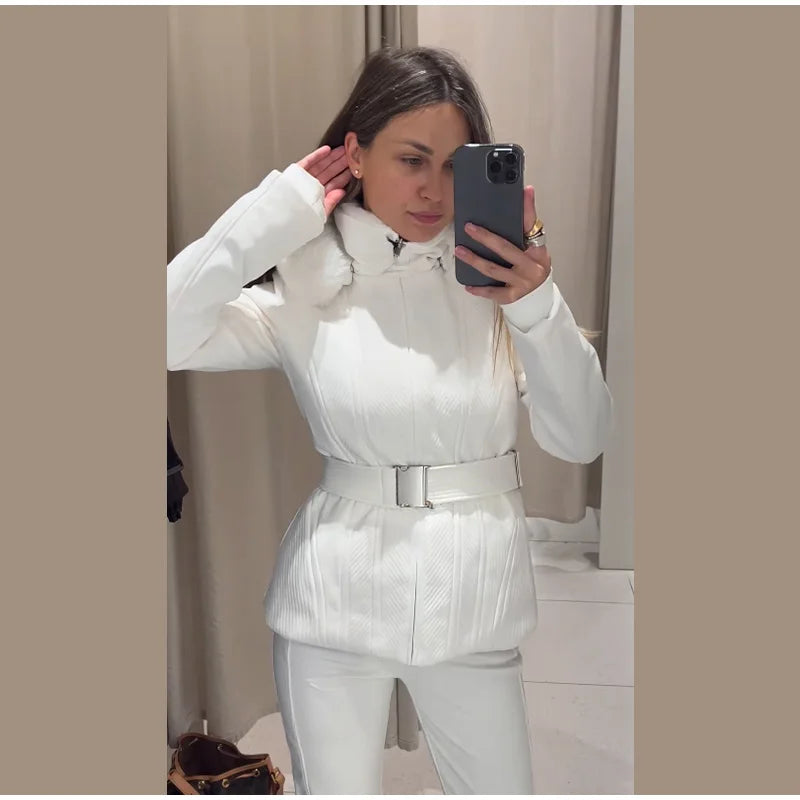 Warm Fur Trim Hooded Winter Ski Suit with Belt for Women