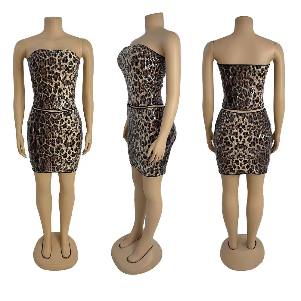 Short Dresses Woman Summer 2025 New Streetwear Fashionable and Versatile Shiny Sequin Half Skirt Leopard Print Dress Female