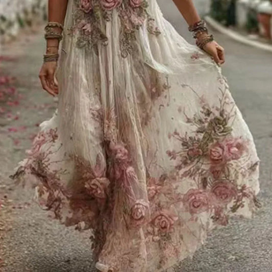 Vintage 3D Flower Print Swing Ethnic Clothing Woman Sexy Deep V Neck Hollow Long Dress Summer Short Sleeve Pleated Holiday Dress