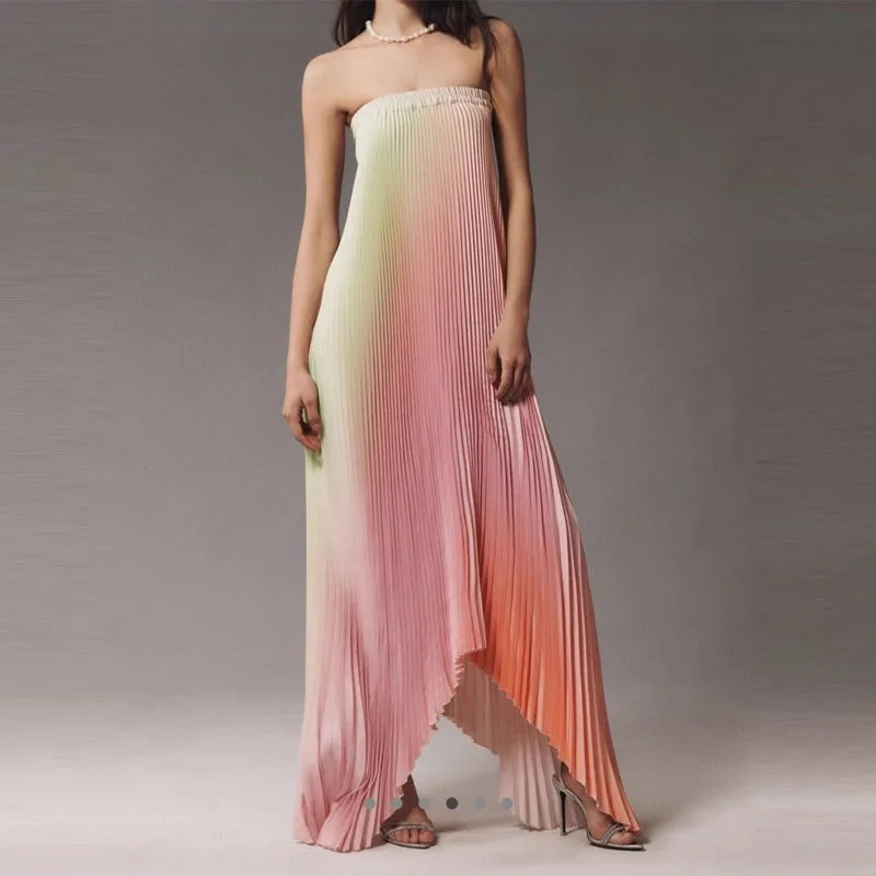 Women Elegant Big Hem One Shoulder Party Dress Show Style Pleated Gala Gowns Banquet New 2024 Gradient Tube Tops Evening Dress