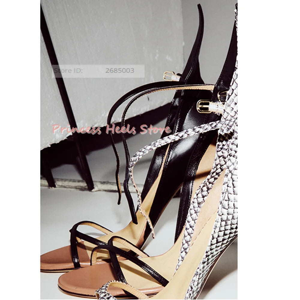 Snake Print Stiletto Sandals With Buckle Straps for Women