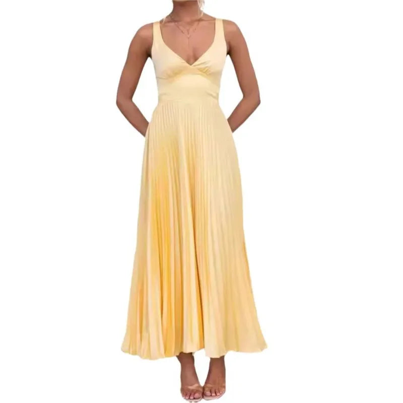 Fashion V-Neck Holiday Long Dress Summer Elegant Strap Loose Solid Sleeveless Party Dress Women High Waist Solid Pleat Dresses