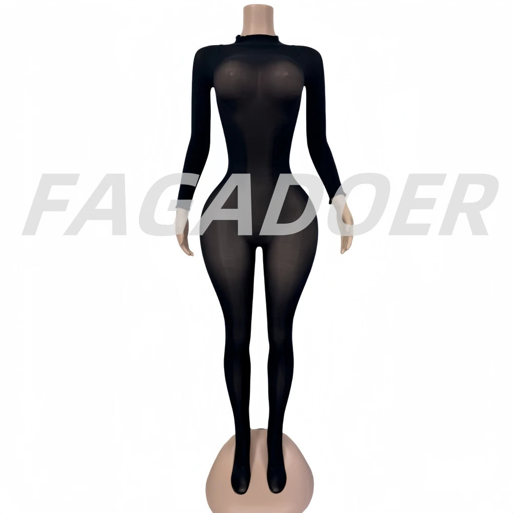 FAGADOER Summer New Sexy Mesh See Through Bodycon Jumpsuit Woman Long Sleeved Round Neck Rompers Female Party Club Overalls