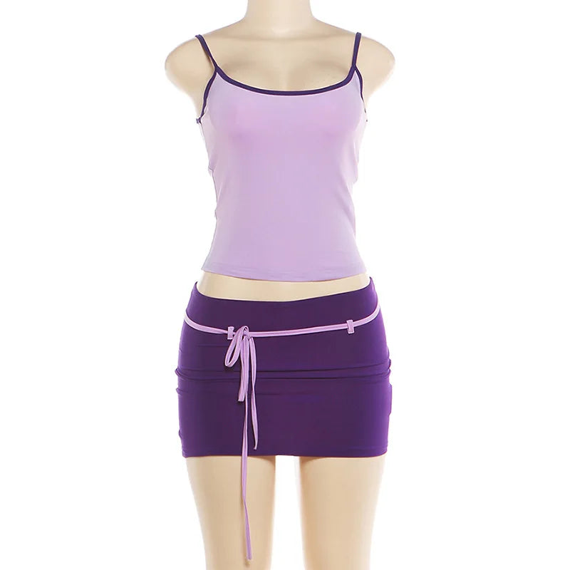 Color Blocking Two Piece Set Backless Camisole And Tassel Skirt for Women