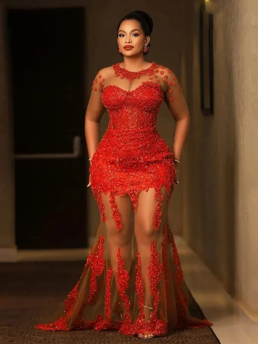 Elegant Lace Evening Dresses Ilusions Full Sleeves Long Aso Ebi Tulle Prom Gowns New Designer A Line Beaded Formal Dress