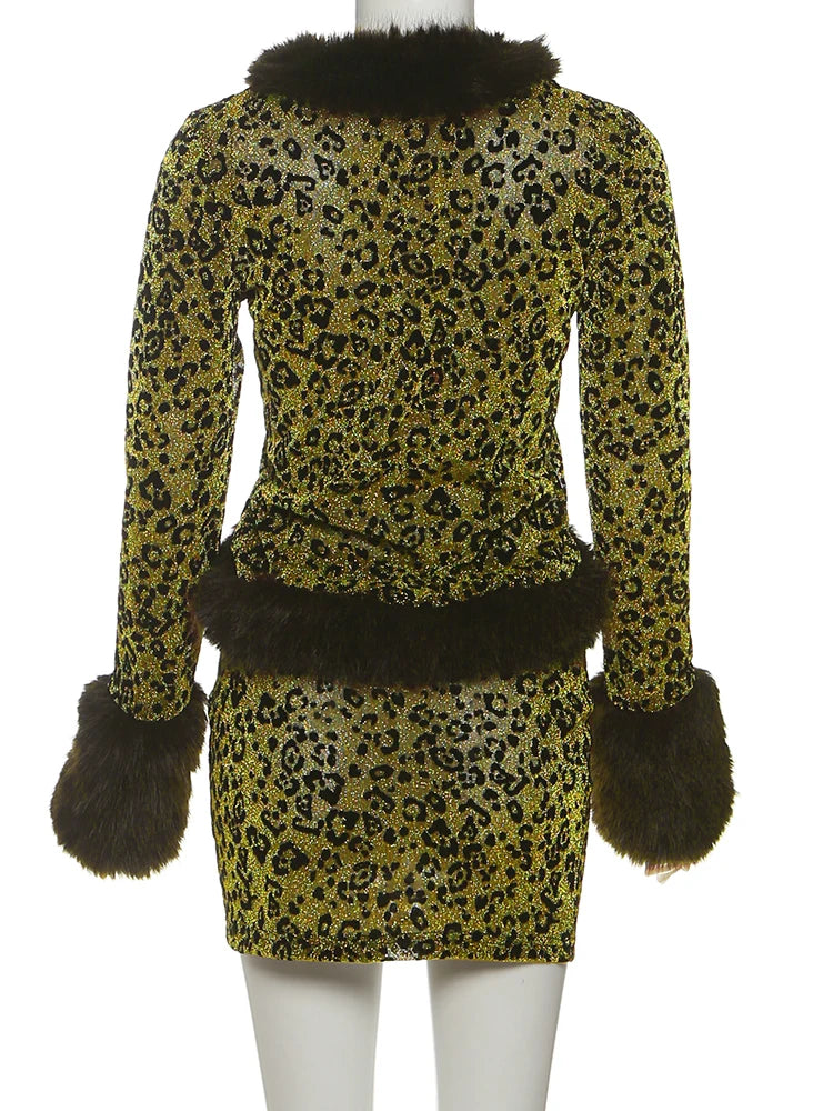 Cutenew Women 2 Piece Set Wild Fur Glitter Fluff Patchwork Cardigan Tops+Peach Hip Skirts Midnight Matching Hipster Clubwear