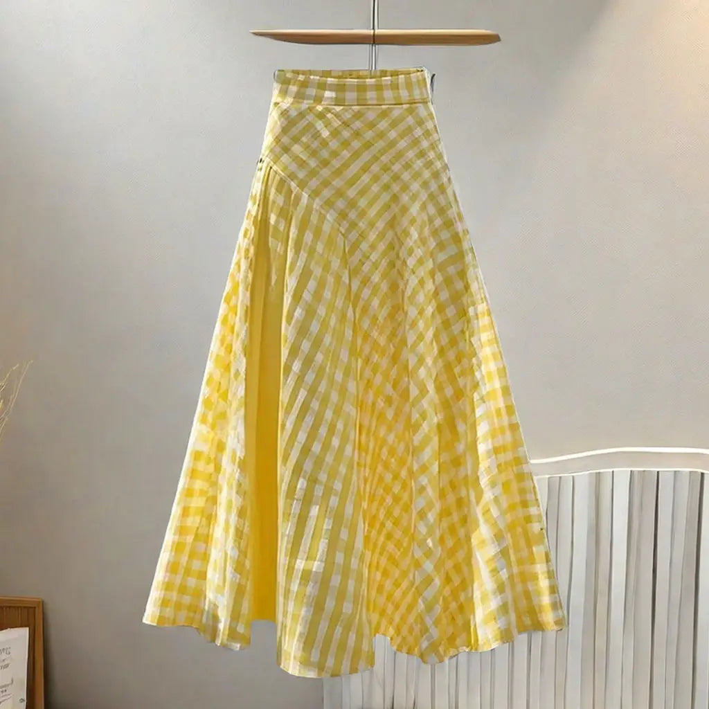 Dopamine Yellow Plaid Pleated Waist Midi Skirt for Women