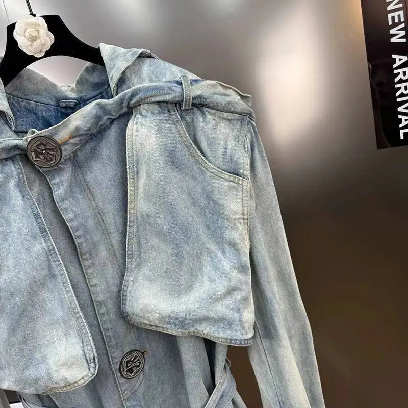 KUCLUT 2025 Autumn Fashion Elegant Turn-Down Collar Washed Denim Trench For Women With Belt Loose Street Style Coat 1A66505