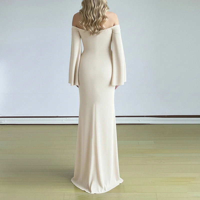 2026 Sexy Backless Draped Party Dress Elegant Strapless Flared Sleeves Evening Dress Women Fashion Hight Waist Solid Long Dress
