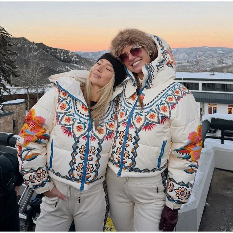 Printed Hooded Ski Jacket And Wide Leg Pants Set for Women