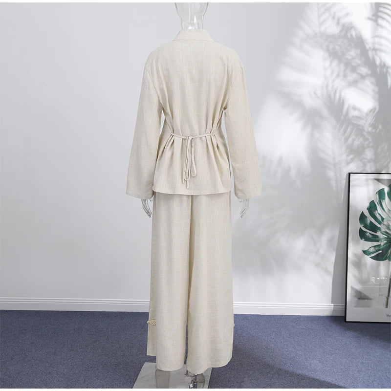 Casual Cotton Coat And Wide Leg Trouser Set for Women