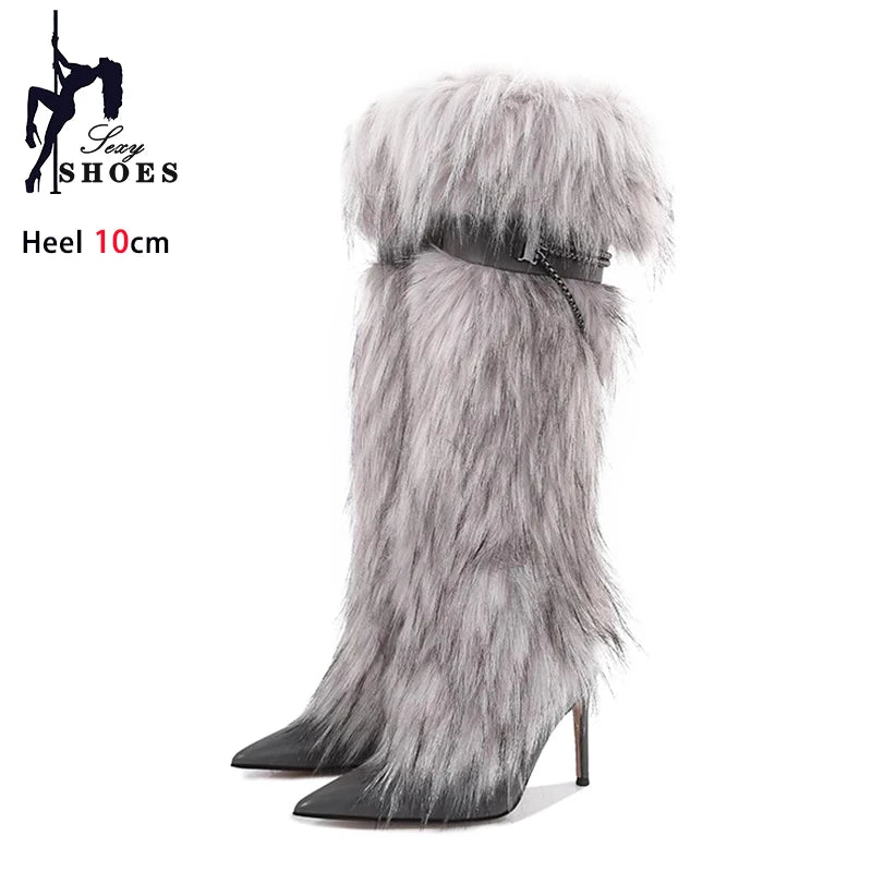 Elegant Faux Fur Knee High Stiletto Boots for Women